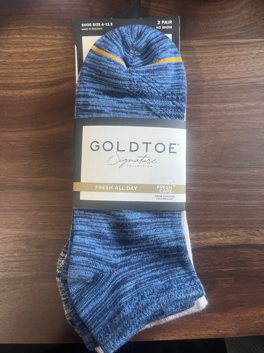 Gold Toe Blue Marled Athletic No-Show Socks with Yellow Accent - 3 Pair